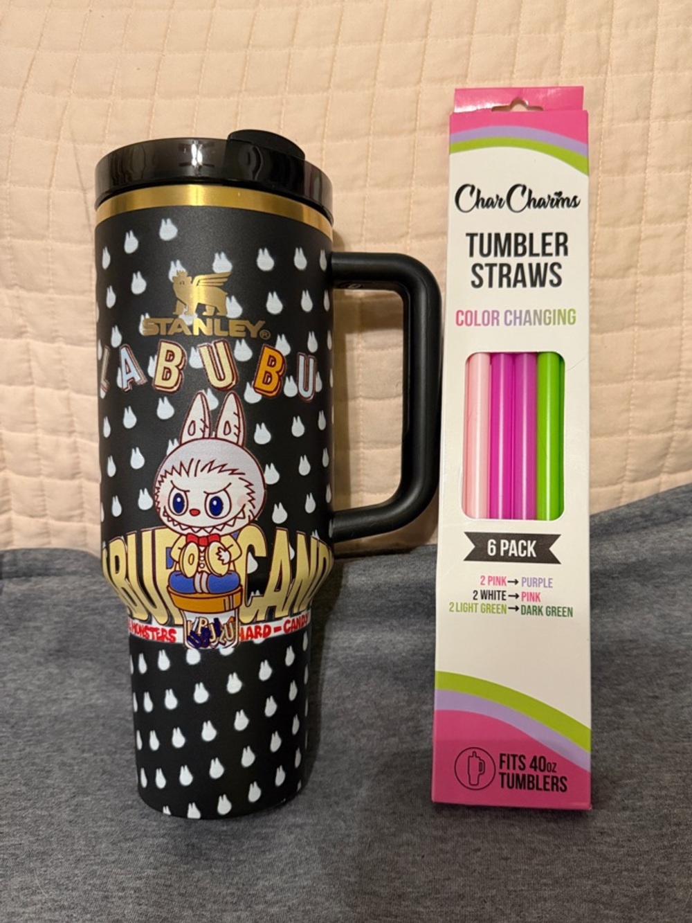 EUC Labubu Stanley Black 40oz Tumbler with 6 Pack Color Changing Straws